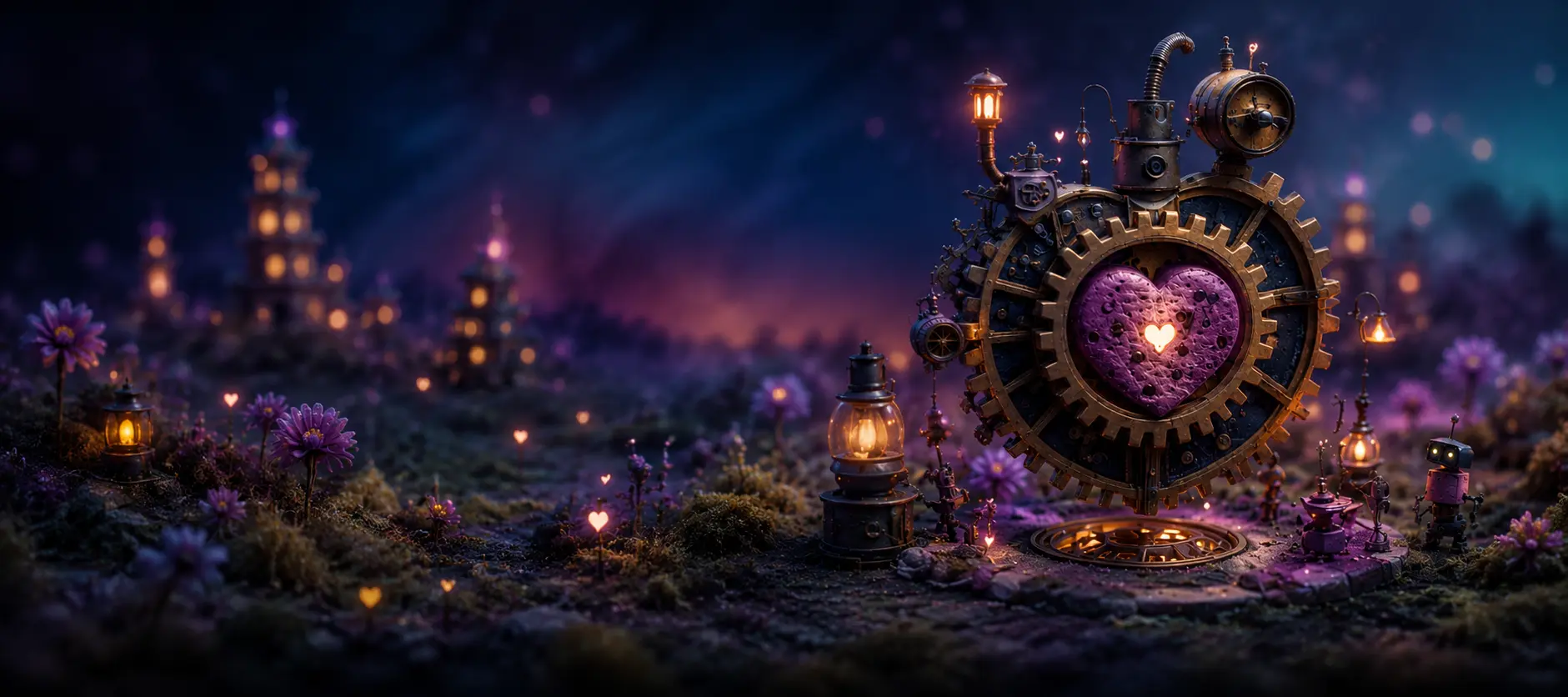 A night-time miniature world with a glowing heart inside brass gears, small lamps and distant lit towers.