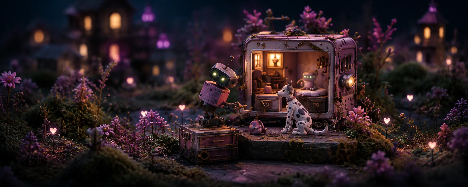 A small robot and Fetch outside a glowing miniature room in a night garden.