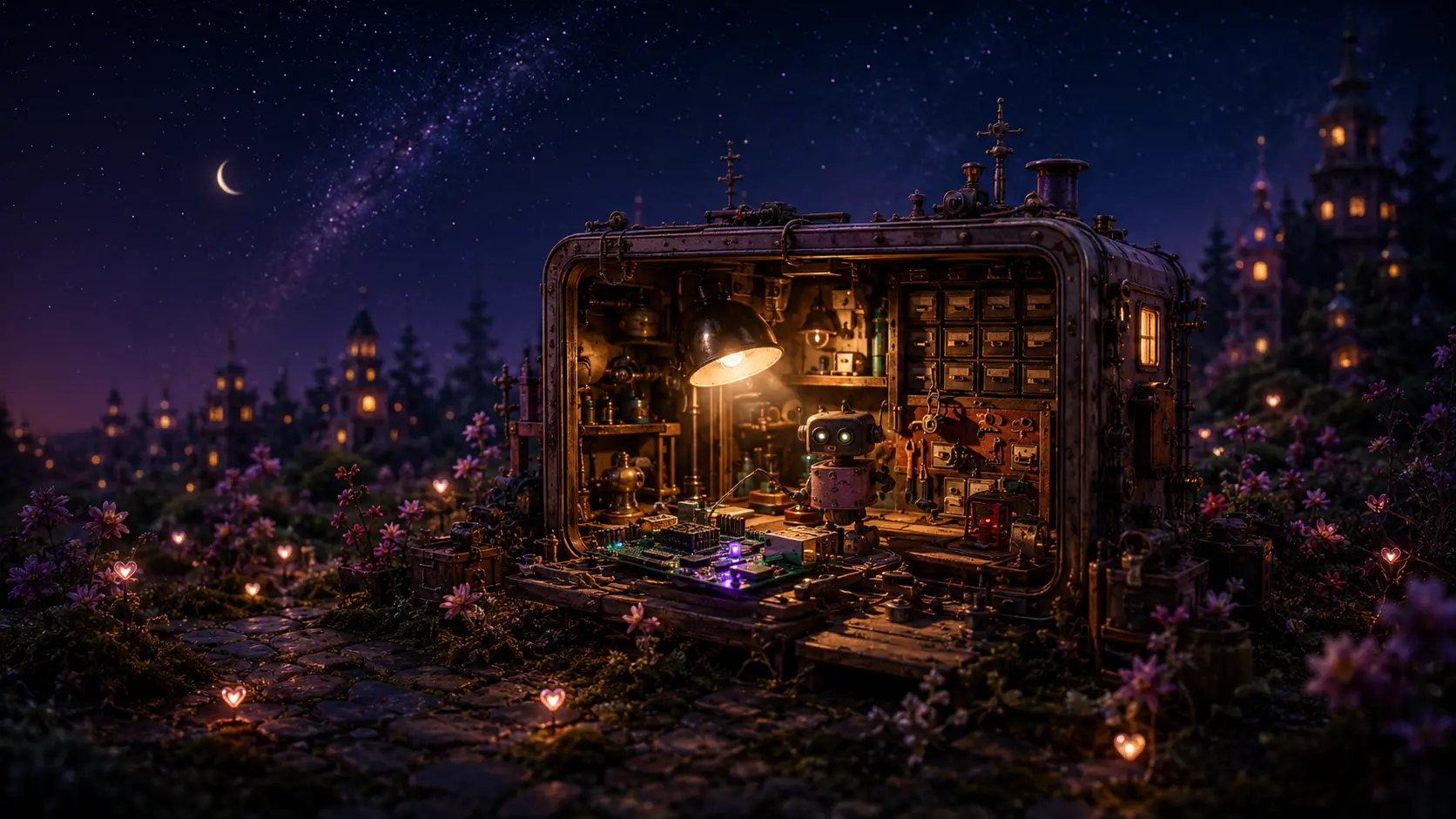 A warm miniature workshop scene with tools, shelves, light and hidden machinery.